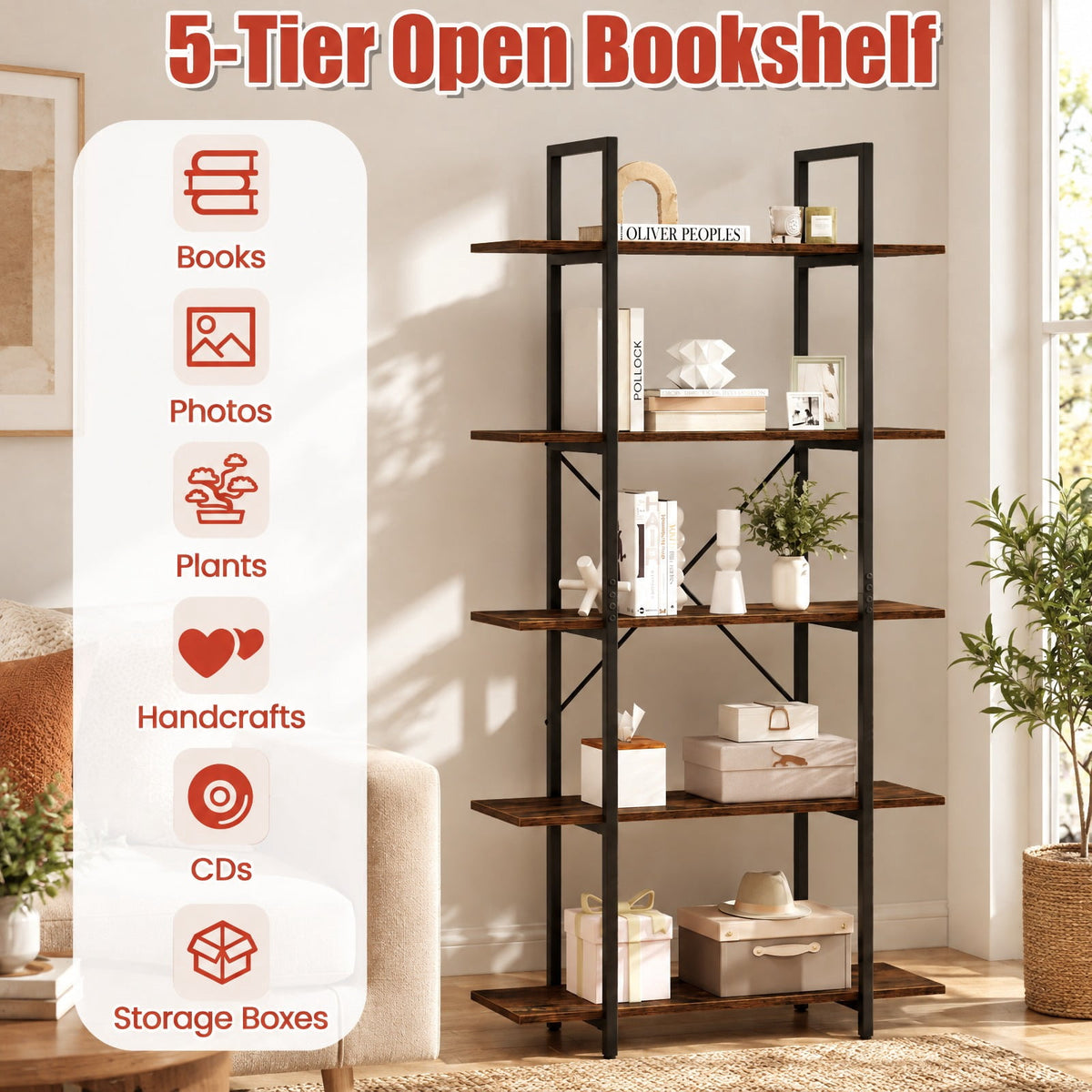Airfind 5-Tier 62 Inch Tall Vintage Industrial Bookcase with Open Storage Shelves, 220 lbs Capacity, Engineered Wood Metal Frame, Brown