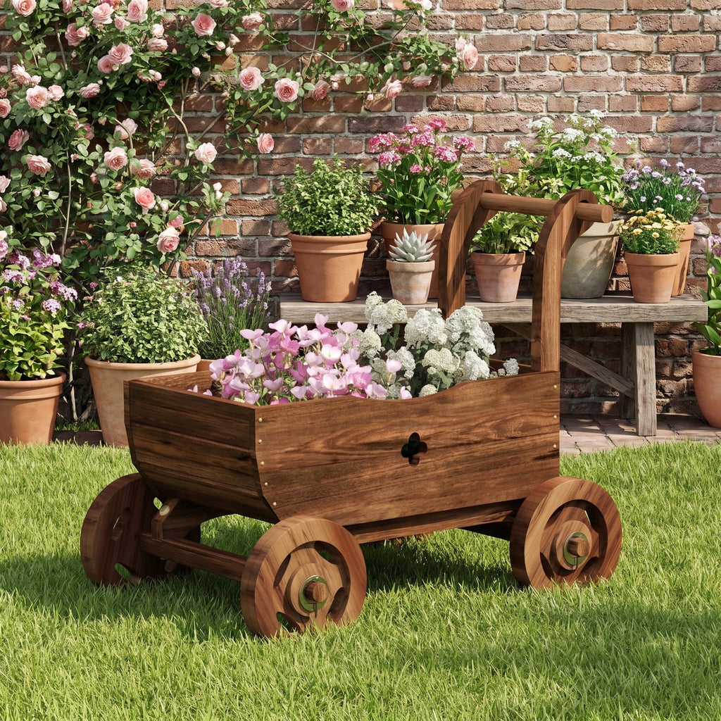 Airfind Decorative Wooden Wagon Cart with Handle Wheels and Drainage Hole, 44 lbs Capacity, Fir Wood Frame, 27 x 15 x 21 Footprint, Brown
