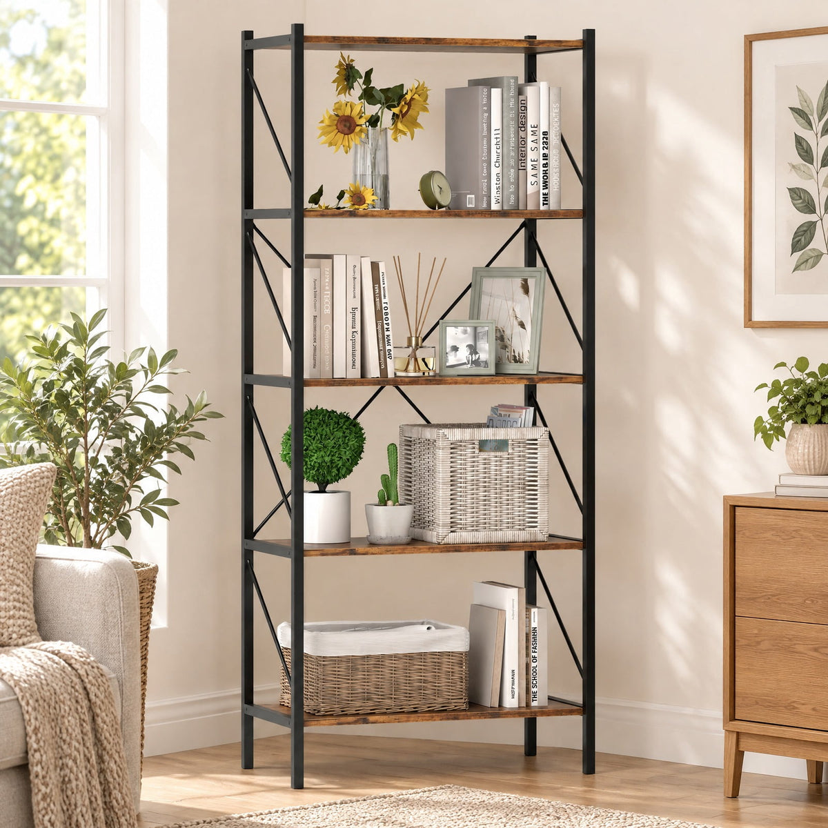 Airfind 5-Tier Bookshelf with Open Shelves and Heavy Duty Metal Frame, 220 lbs Capacity, Metal Engineered Wood Frame, Brown
