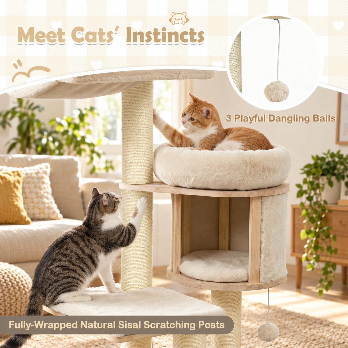 Airfind 55in Solid Rubber Wood Cat Tree with Condo and Hammock and Scratching Posts for Adult Cats, Beige