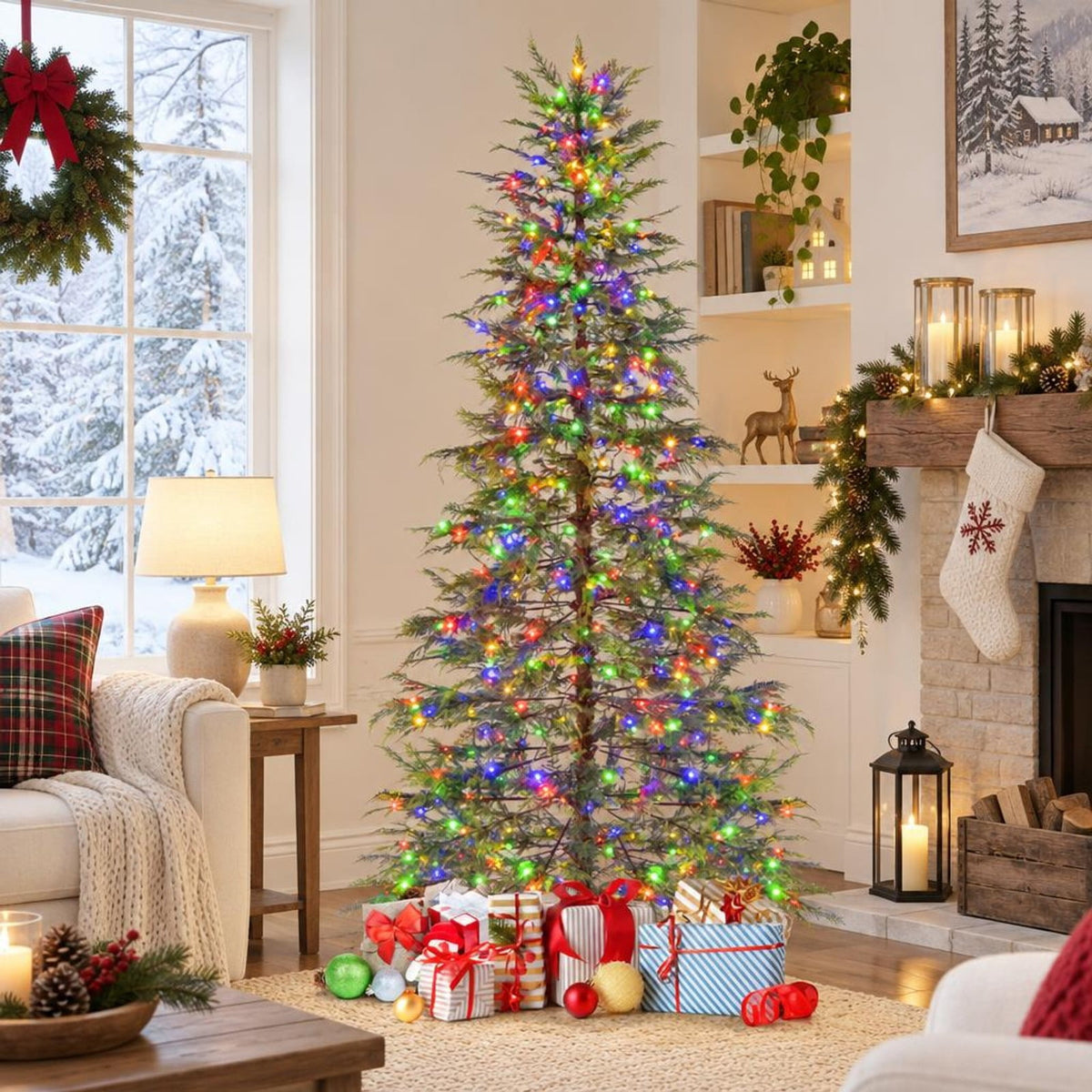 Airfind 7.5 Feet Artificial Christmas Tree with Branch Tips and Colorful LED Lights, Green, a light controller for convenient operation