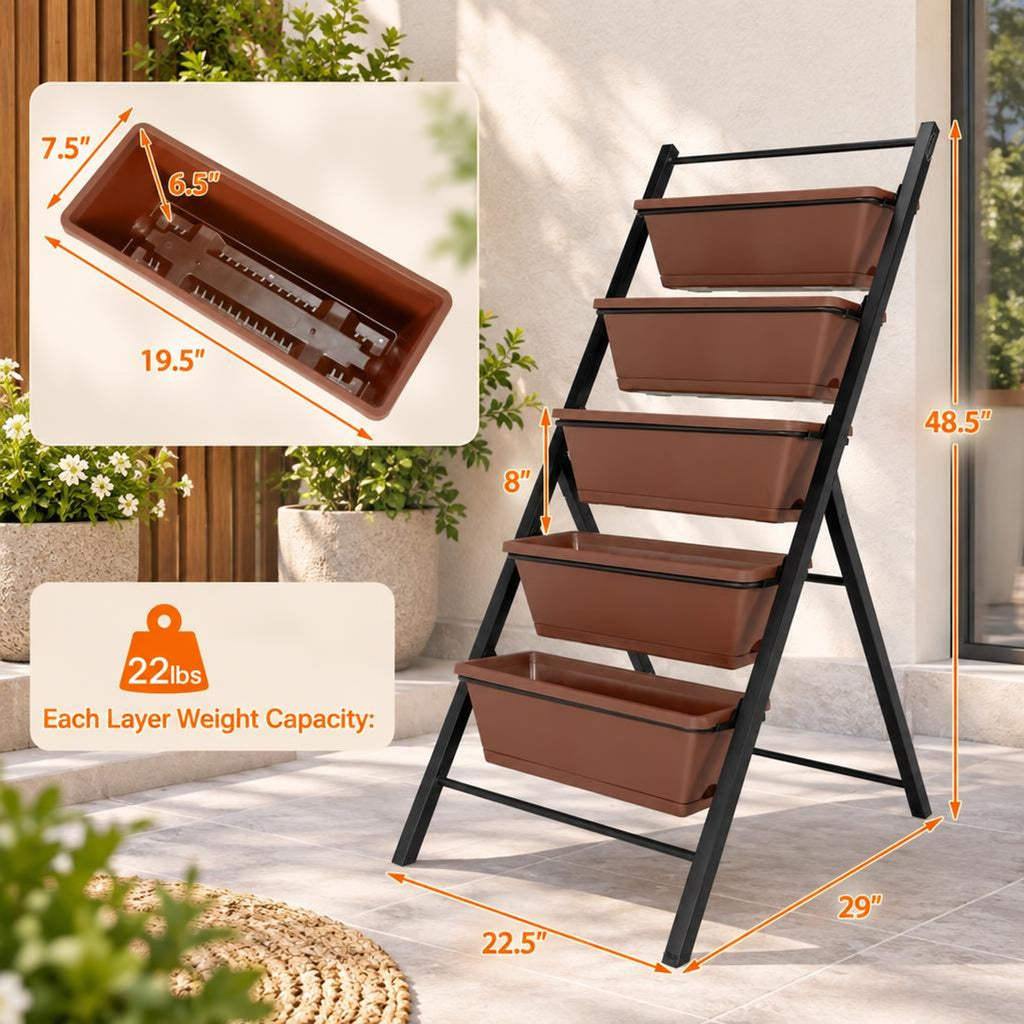 Airfind 5-tier Vertical Garden Planter Box Elevated Raised Bed with 5 Container, PP Iron Frame, 22.5 x 29 x 48.5 Footprint, Brown