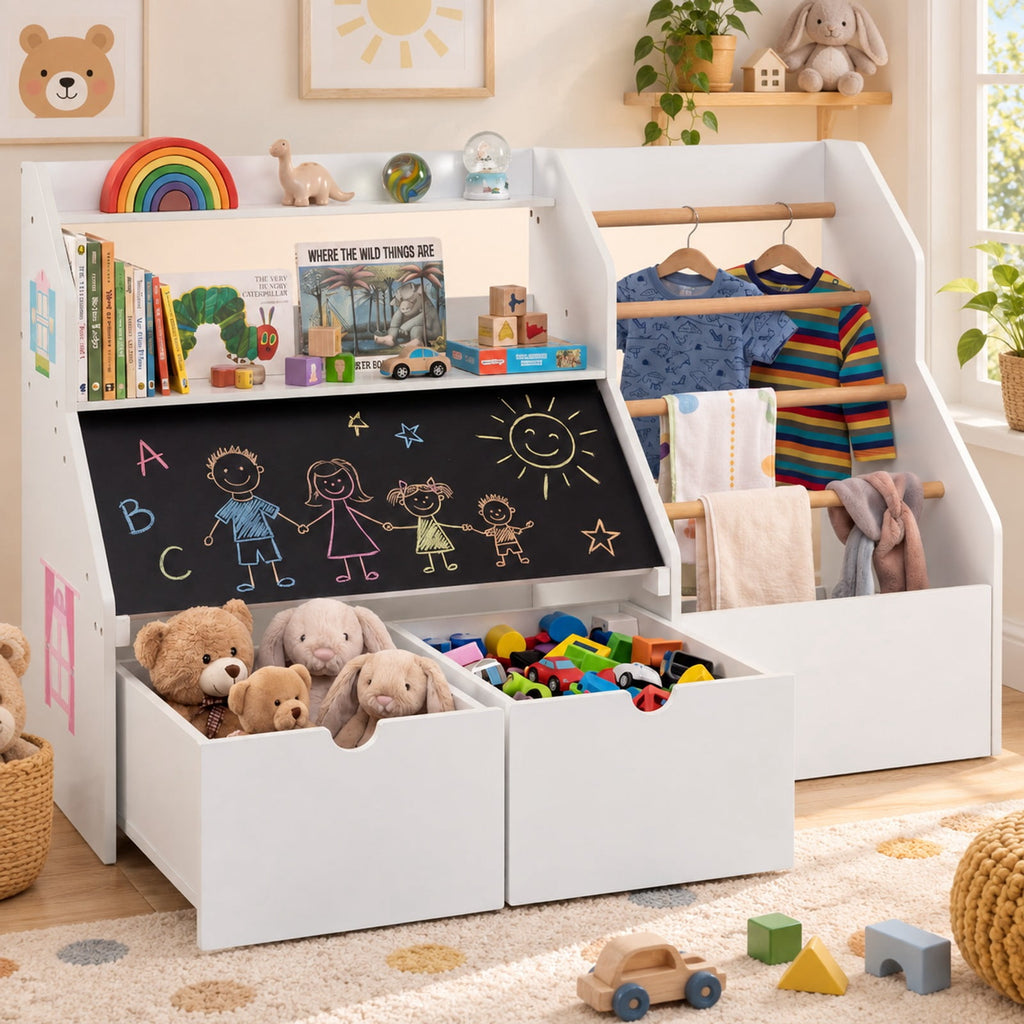 Airfind Kids Toy Storage Organizer with Flip-up Blackboard, Engineered Wood Pine Wood Frame, for 3+ Years Old, 41 Inch x 16 Inch x 28 Inch Footprint, White