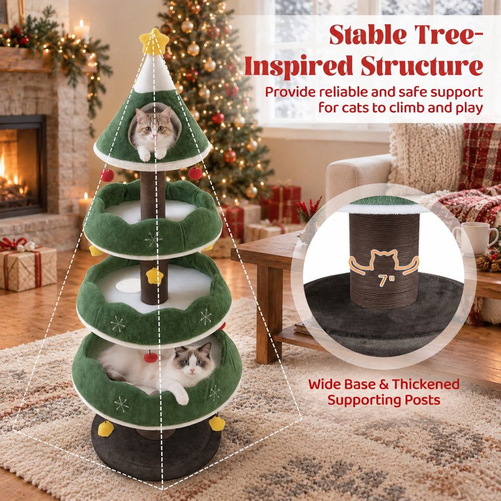 Airfind Multi-level Christmas Cat Tree with 3 Platforms and Upholstered Top Perch, 33 lbs Capacity, 27.5in x 70.5in Base Footprint, Multicolor