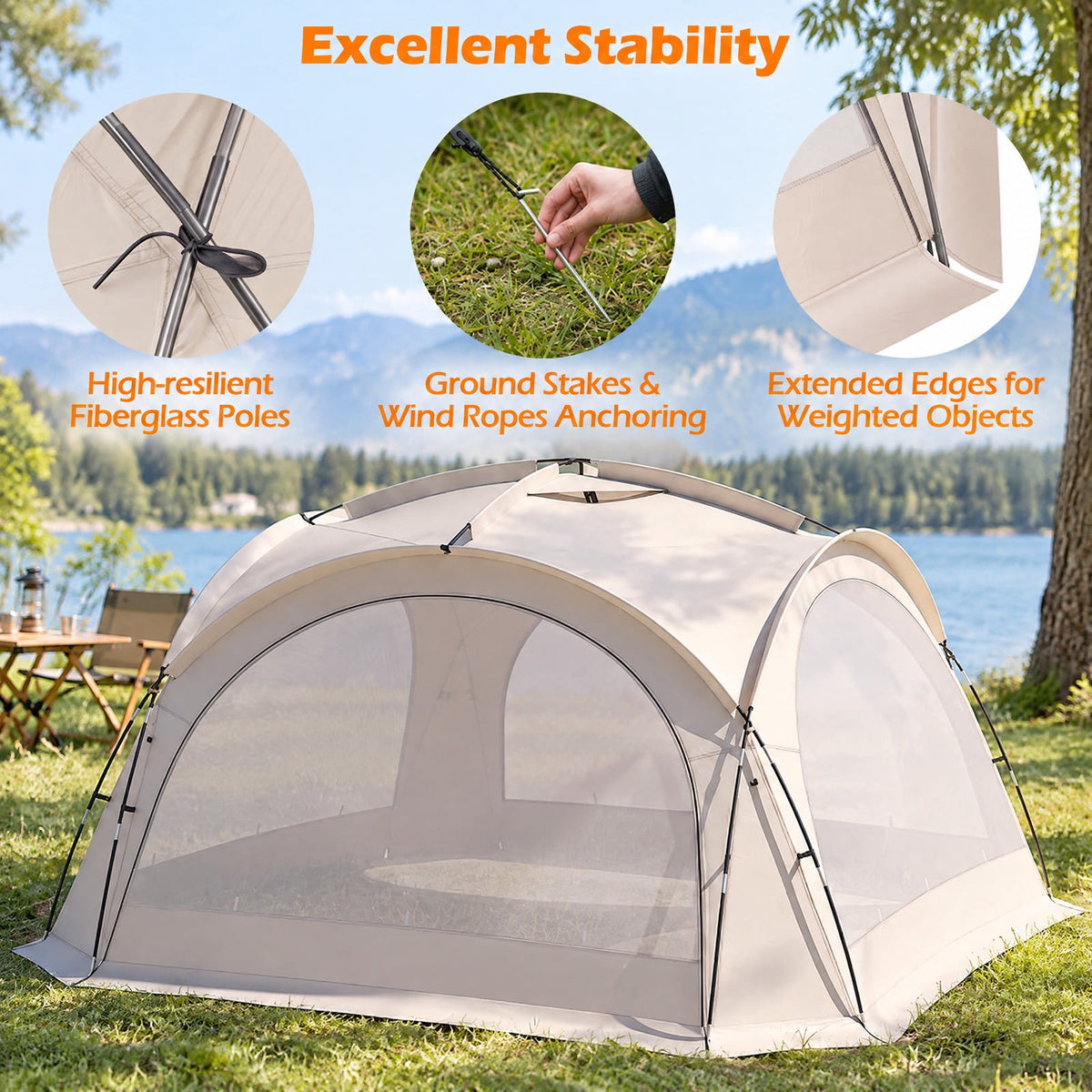 Airfind Beach Tent for 12-15 People Easy Setup Dome Canopy Tent with 4 Removable Zippered Sidewalls, Oxford Cloth Mesh Fiberglass Pole Frame, Brown
