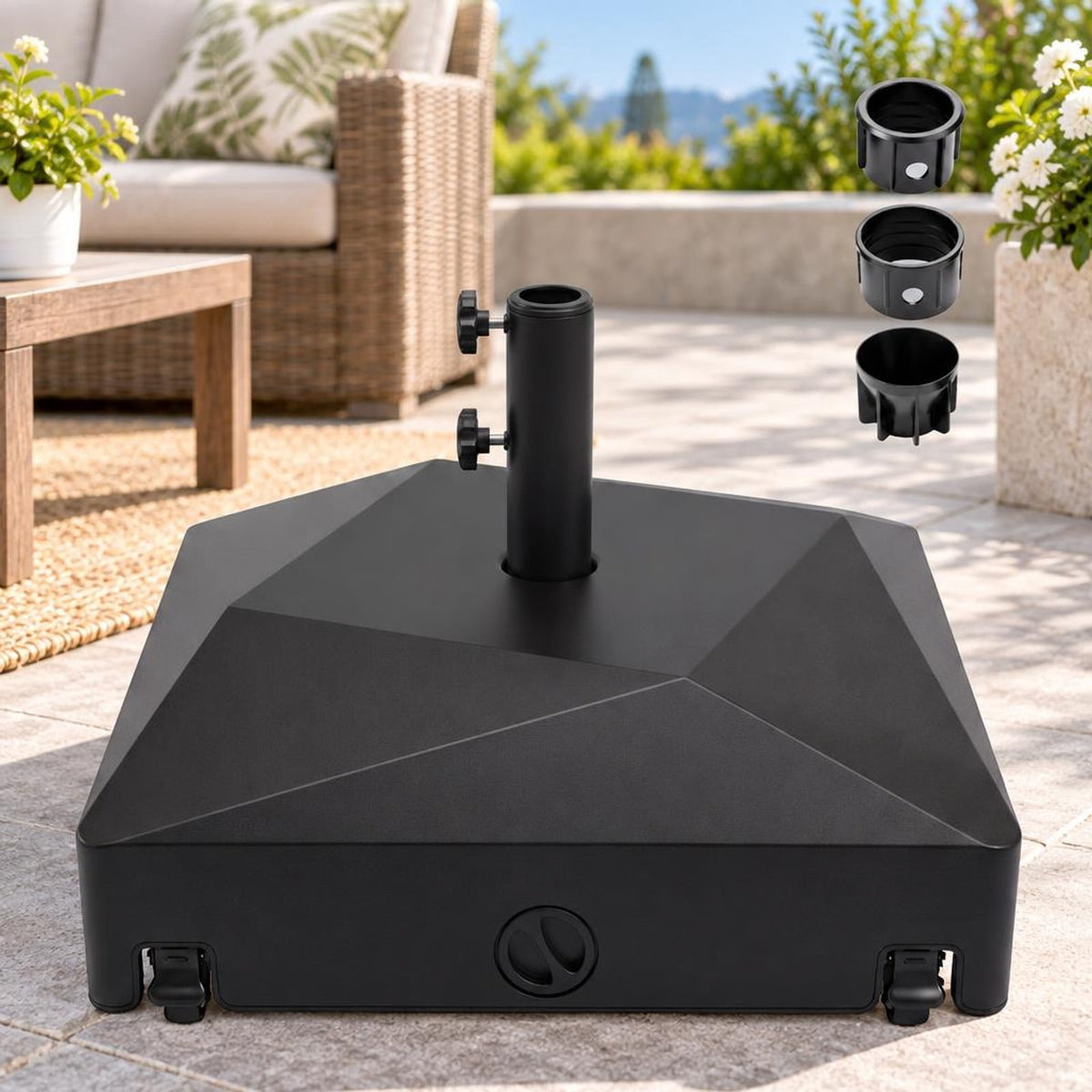 Airfind 154lbs Mobile Fillable Patio Umbrella Base with 4 Wheels, HDPE Metal Frame, 21.5 x 21.5 x 15 Base Footprint, Black