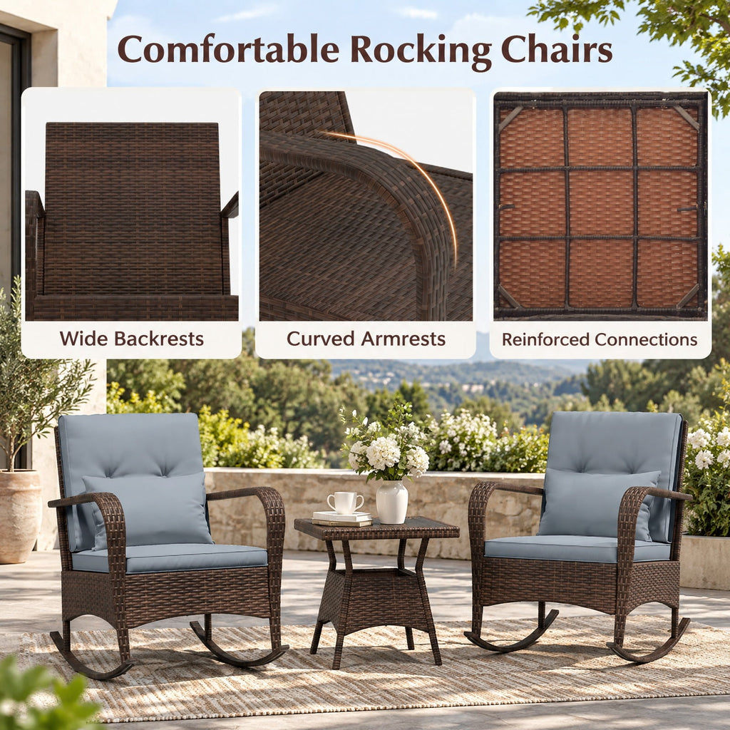 Airfind 3 Piece Outdoor Rocking Set with Tempered Glass Coffee Table for Backyard Poolside, PE Rattan Metal Tempered Glass Polyester Sponge Frame