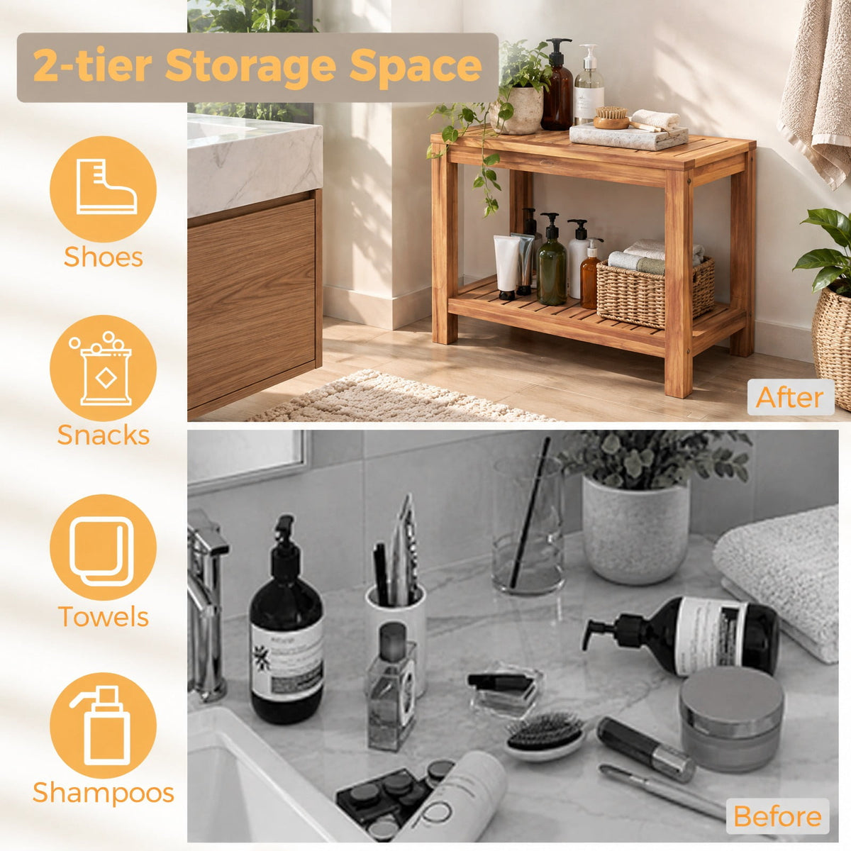 Airfind 24 Inch Teak Wood Shower Bench Inside Shower Stool with Storage Shelf, Teak Wood 19 Inches Frame, 19 x 12.5 x 17.5 Footprint, Wood