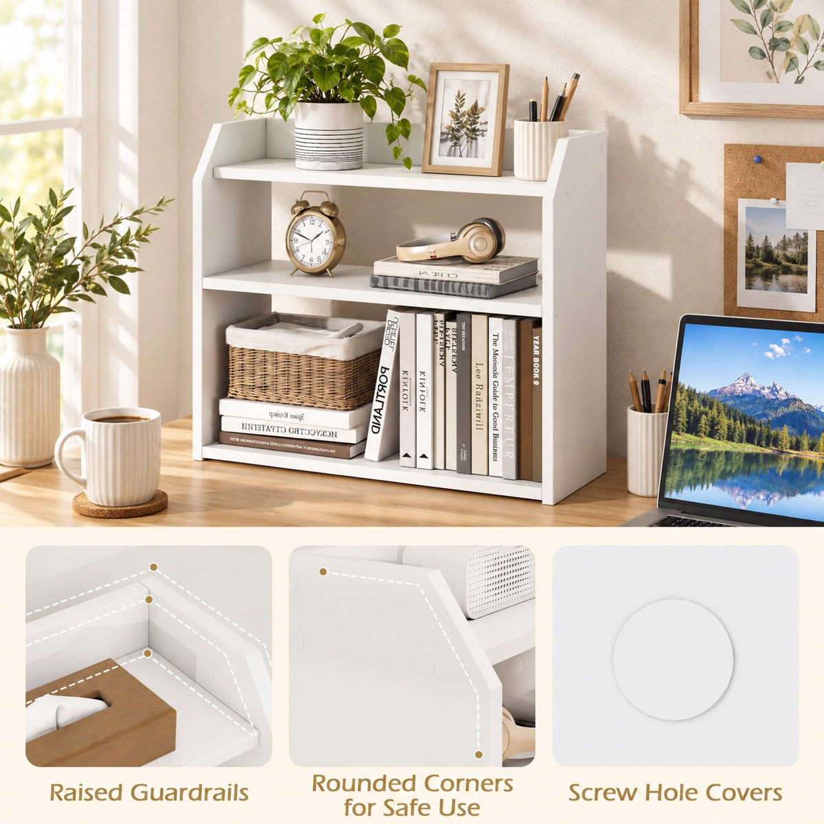 Airfind 3-Tier Desktop Bookshelf Wooden Countertop Bookcase with Raised Top Guardrails, 33 lbs Capacity, Engineered Wood Frame, White