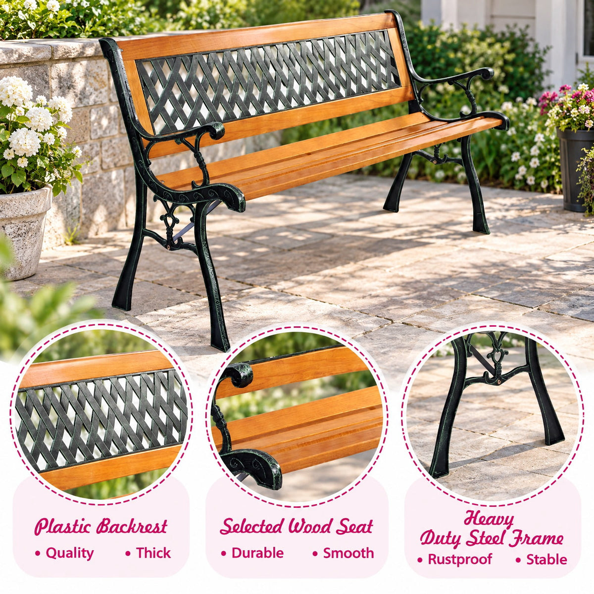 Airfind Outdoor Cast Iron Patio Bench, 463 lbs Capacity, Cast iron Frame, 49.5 x 20.5 x 29 Product weight: 30 lbs Footprint, Black + natural