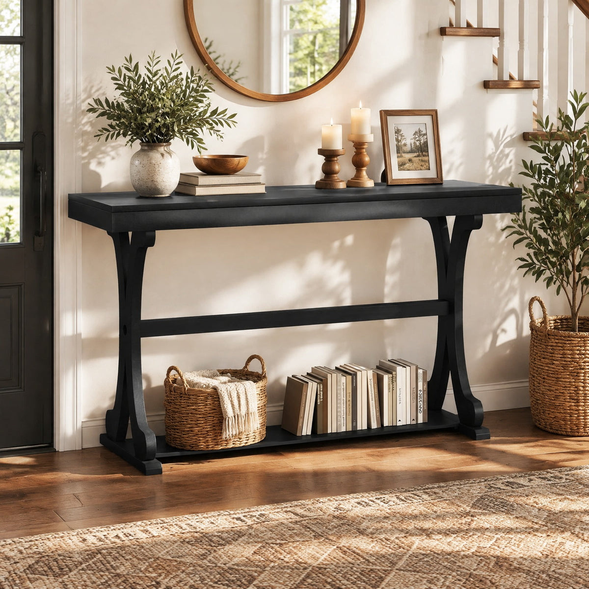 AIRFIND Console Table with Open Storage Shelf, 52 in Vintage Entryway Table with Curved Solid Wood Legs and Adjustable Feet, Black