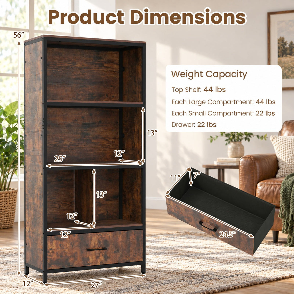 Airfind 56in Tall Freestanding Bookcase with Drawer 5 Tier, 44 lbs Capacity, Engineered Wood Metal Frame, 27in x 12in x 56in Footprint