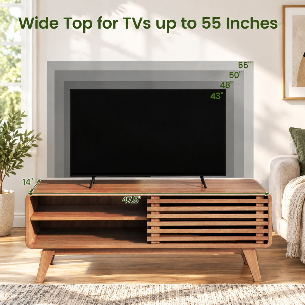 Airfind TV Stand for TVs up to 55 Inch with Sliding Door and Adjustable Shelves for Living Room, 220 Lbs Capacity, Rubber Wood MDF, Brown