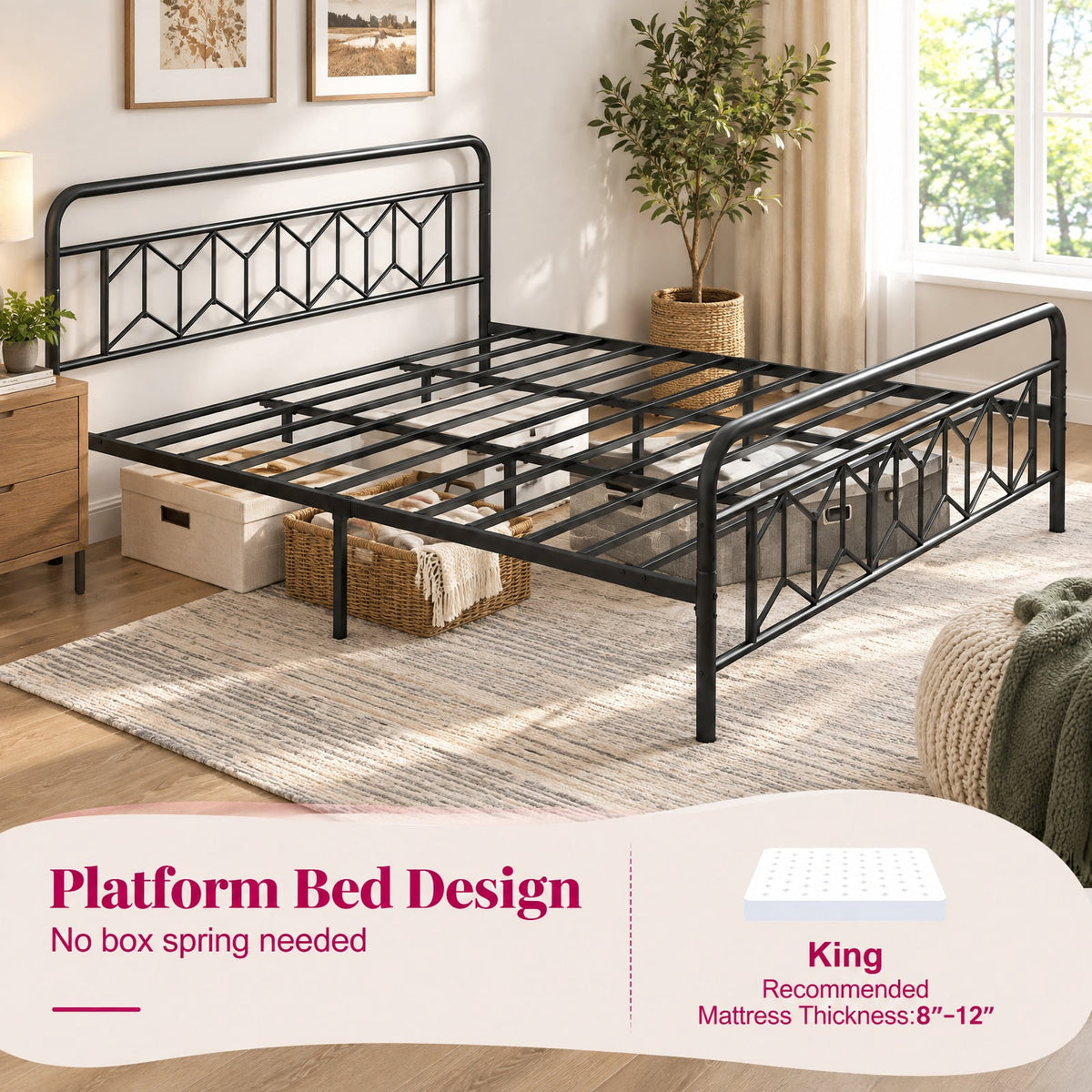 Airfind Platform Bed with High Headboard and Snap Lock Metal Slats, 1100 lbs Capacity, Metal Frame, 78 x 55 x 41 Footprint