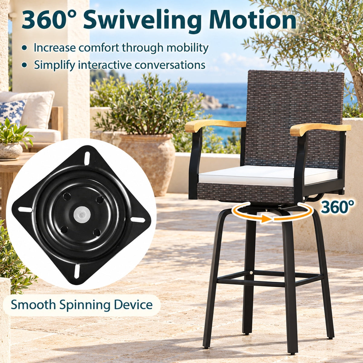 Airfind Set of 4 Outdoor 360° Swivel Bar Stool with Cushion and Acacia Wood Armrests, 400 lbs Capacity, Wood