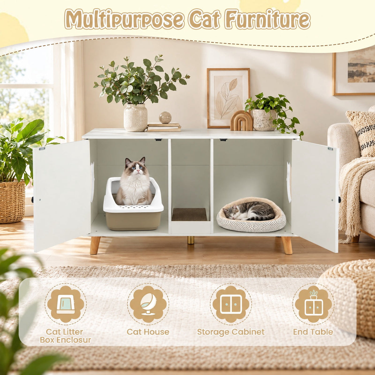 Airfind 43 Inches Cat Litter Box Enclosure with Double Rooms and 2 Sisal Scratching Mats, Engineered Board Frame, 43 x 20 x 24 Footprint, White