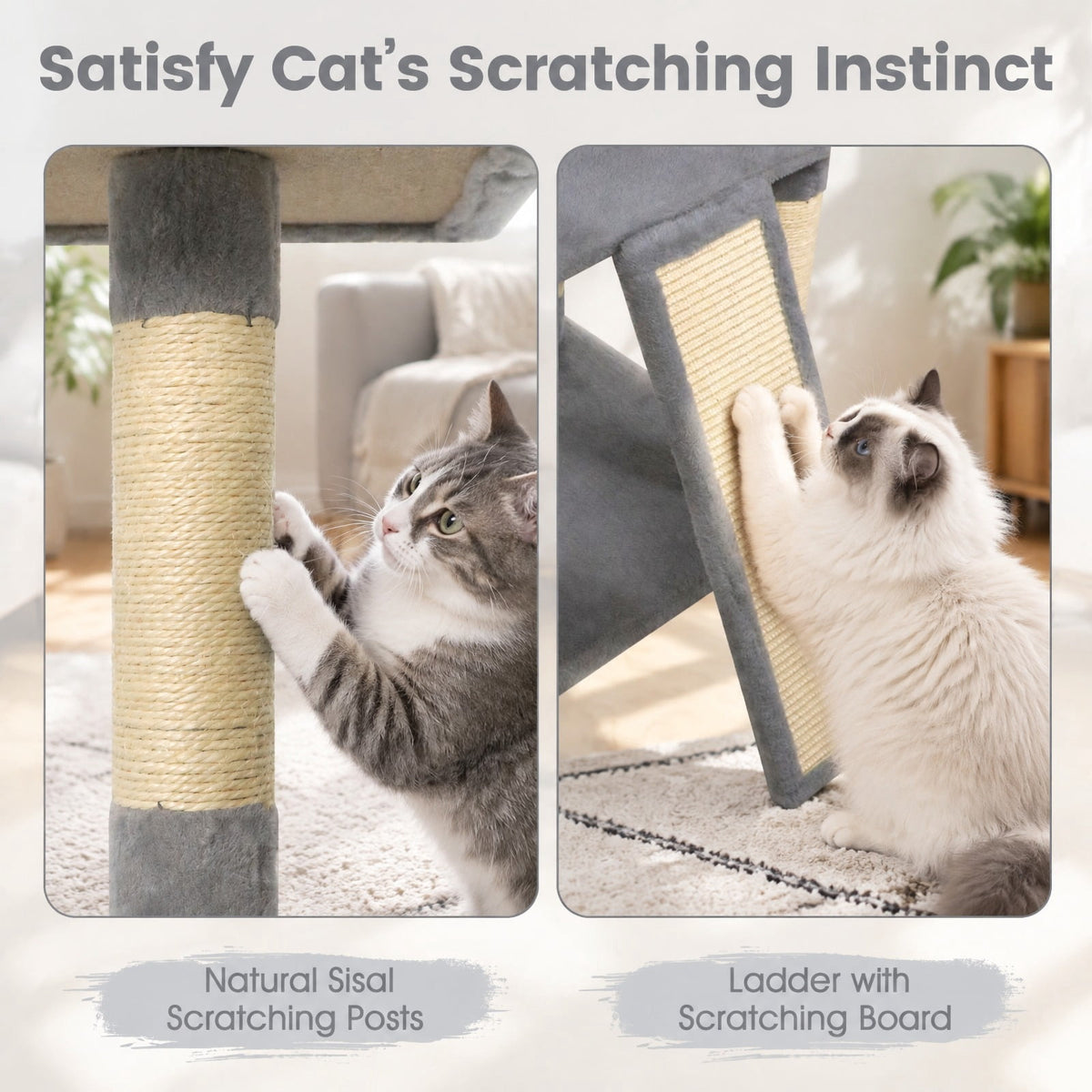 Airfind 65 Inch Tall Multi-level Cat Tree with 3 Upholstered Perch and 2 Cat Condos, Fabric Sisal Engineered Wood Overall Height 65 Inch Base Frame