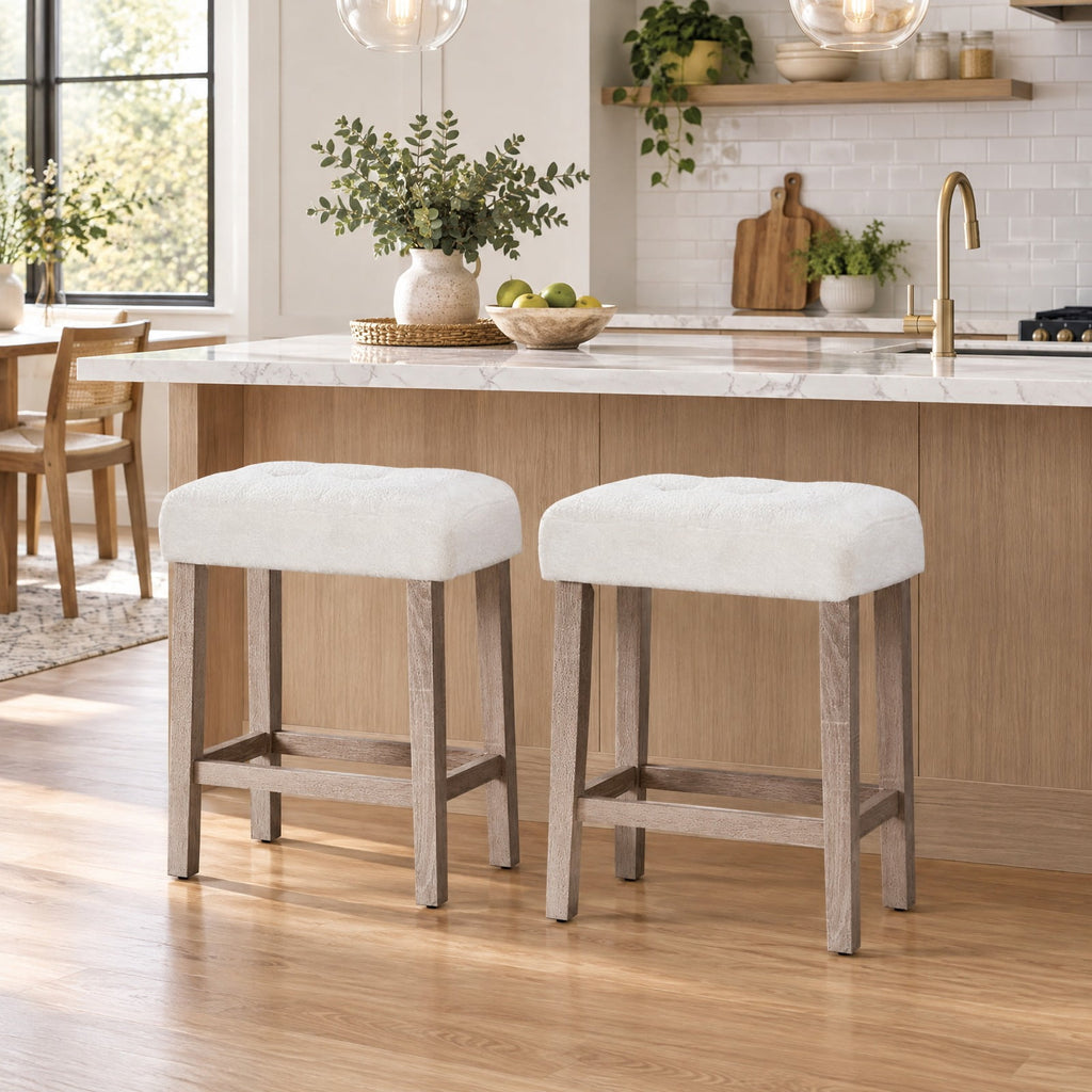Airfind Modern Counter Height Bar Stools Set of 2 with Rubber Wood Legs, 350 lbs Capacity, Sherpa Fabric Rubber Wood MDF Sponge Frame, White