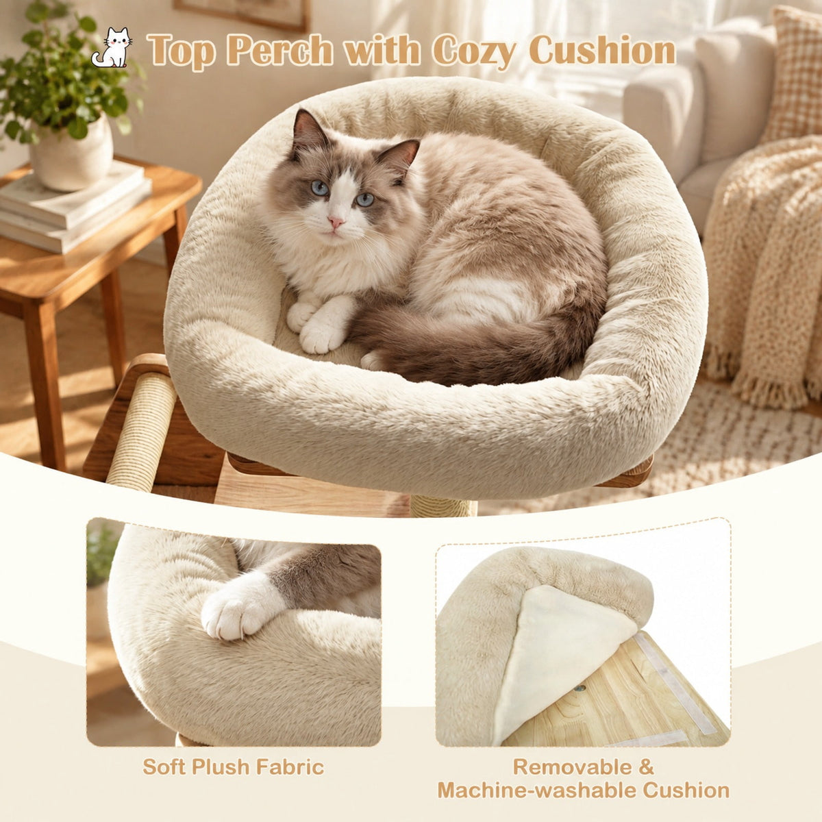 Airfind 48.5in Multi-Level Solid Wood Cat Tree for Indoor Cats with Padded Top Perch Cat Condo and Sisal Scratching Posts, Beige