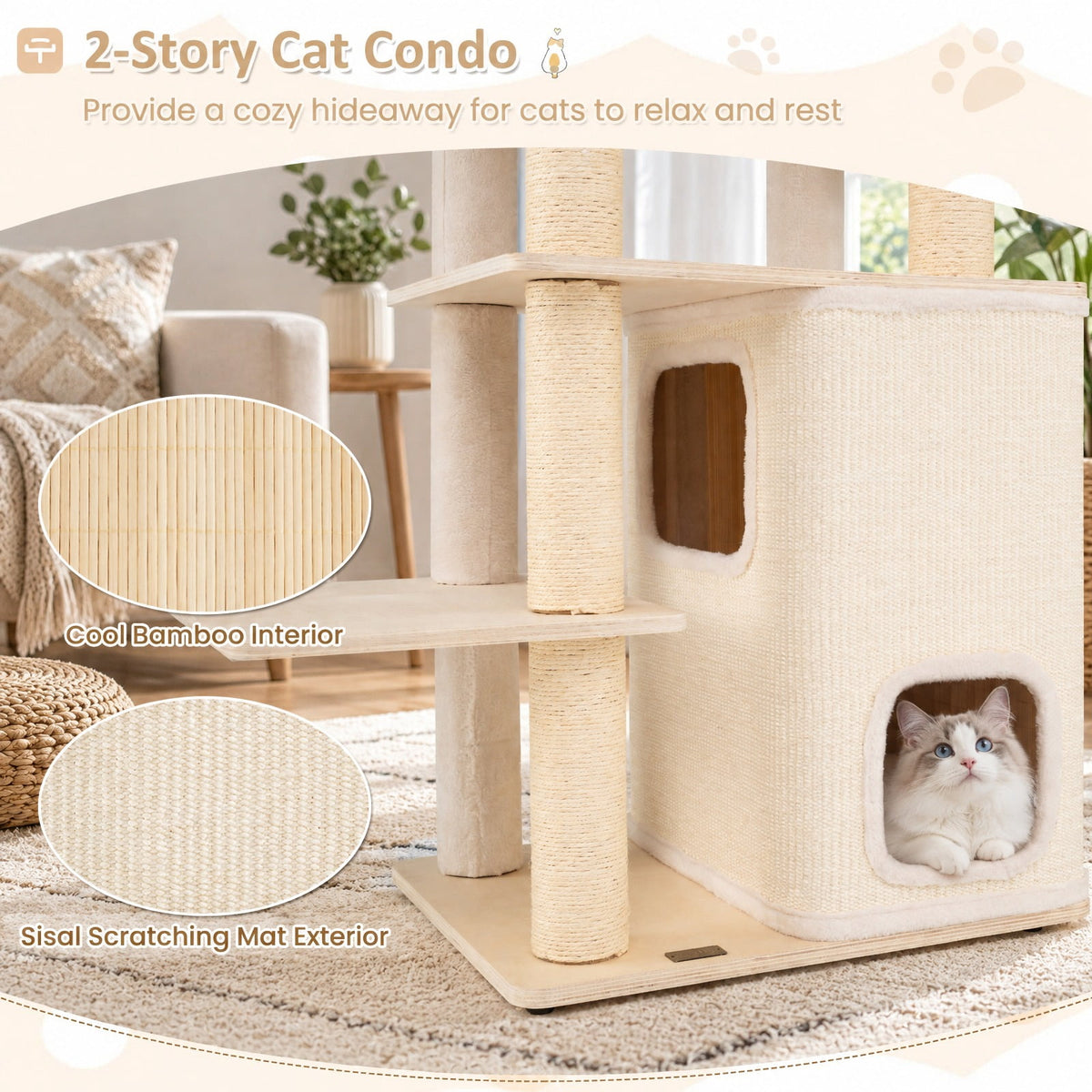 Airfind 63 Inch Tall Wooden Cat Tree with 2-Story Condo and Plush Padded Top Perch, 44 lbs Capacity, 23in x 19in x 63in Condo Footprint, Natural