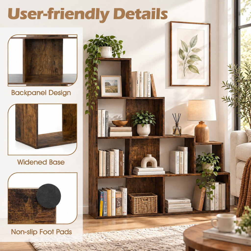 Airfind 4-Tier Stepped Bookshelf Freestanding Ladder Storage Shelf with 6 Cubes, 400 lbs Capacity, Engineered Wood Frame, 60in x 11in x 64in Footprint