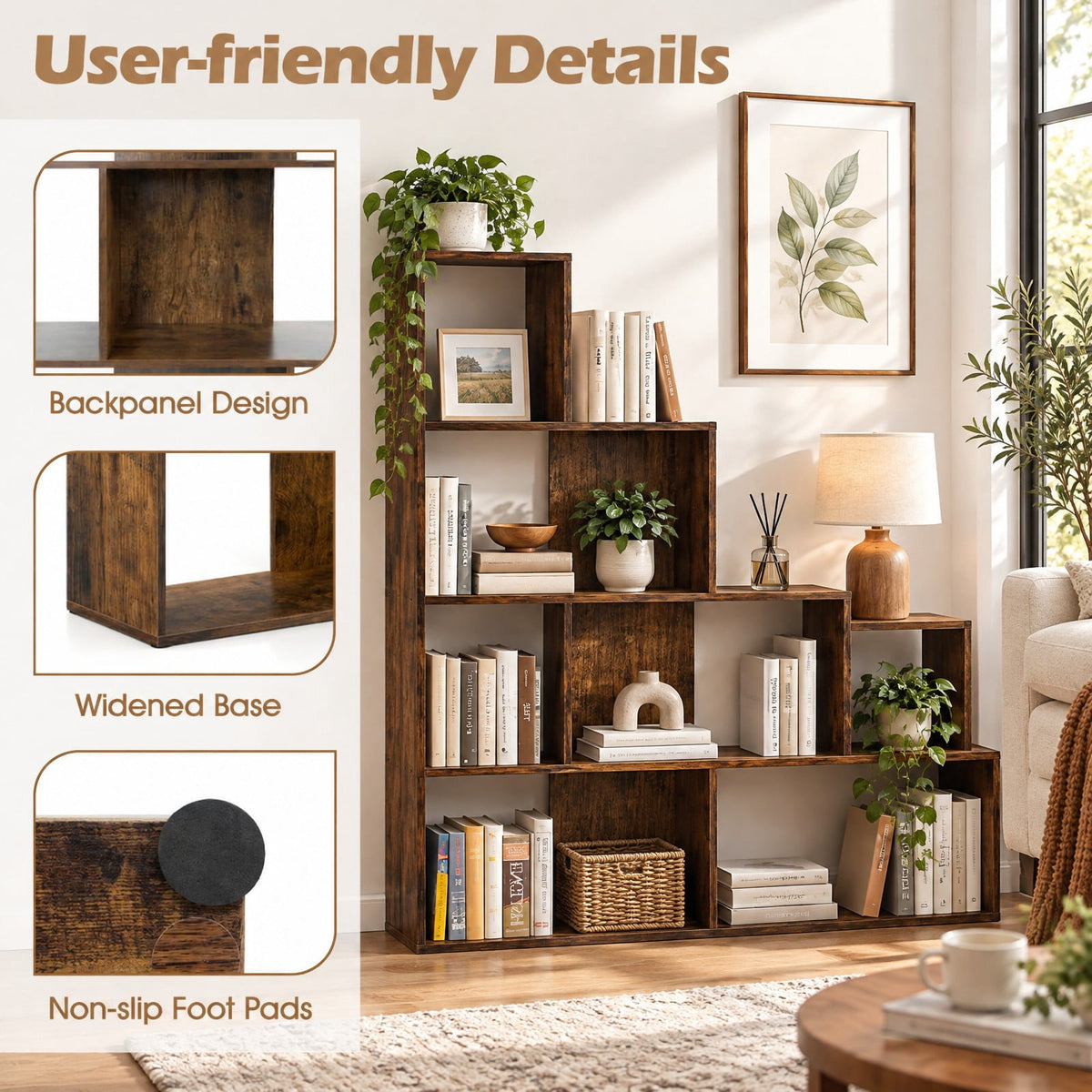 Airfind 4-Tier Stepped Bookshelf Freestanding Ladder Storage Shelf with 6 Cubes, 400 lbs Capacity, Engineered Wood Frame, 60in x 11in x 64in Footprint