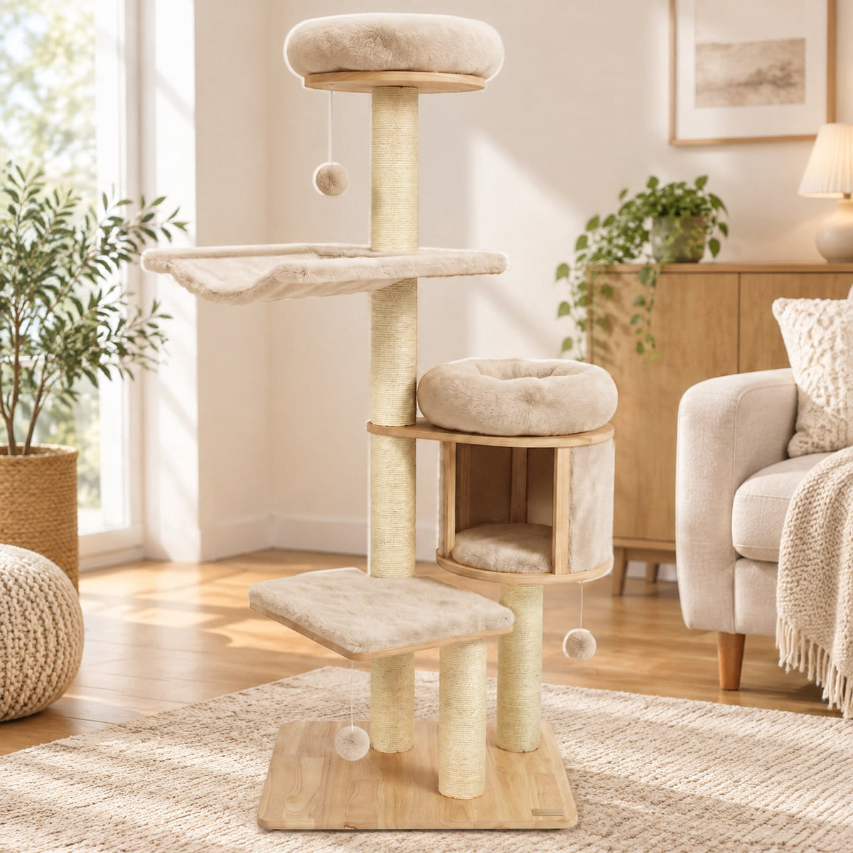 Airfind 55in Solid Rubber Wood Cat Tree with Condo and Hammock and Scratching Posts for Adult Cats, Beige