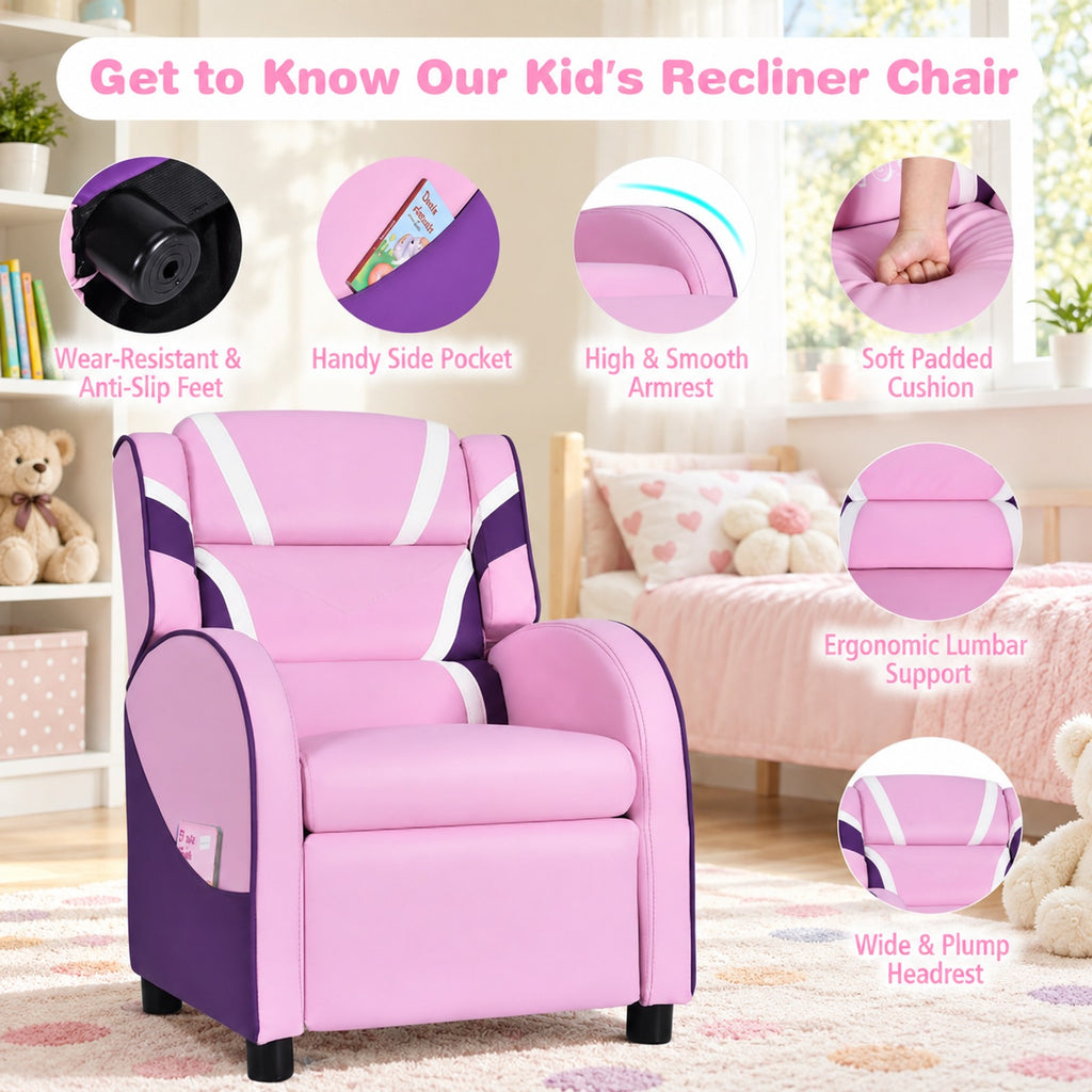 Airfind Kids Leather Recliner Chair with Side Pockets, Solid wood PU leather sponge plastic iron Frame, for 3-9 years old, Pink