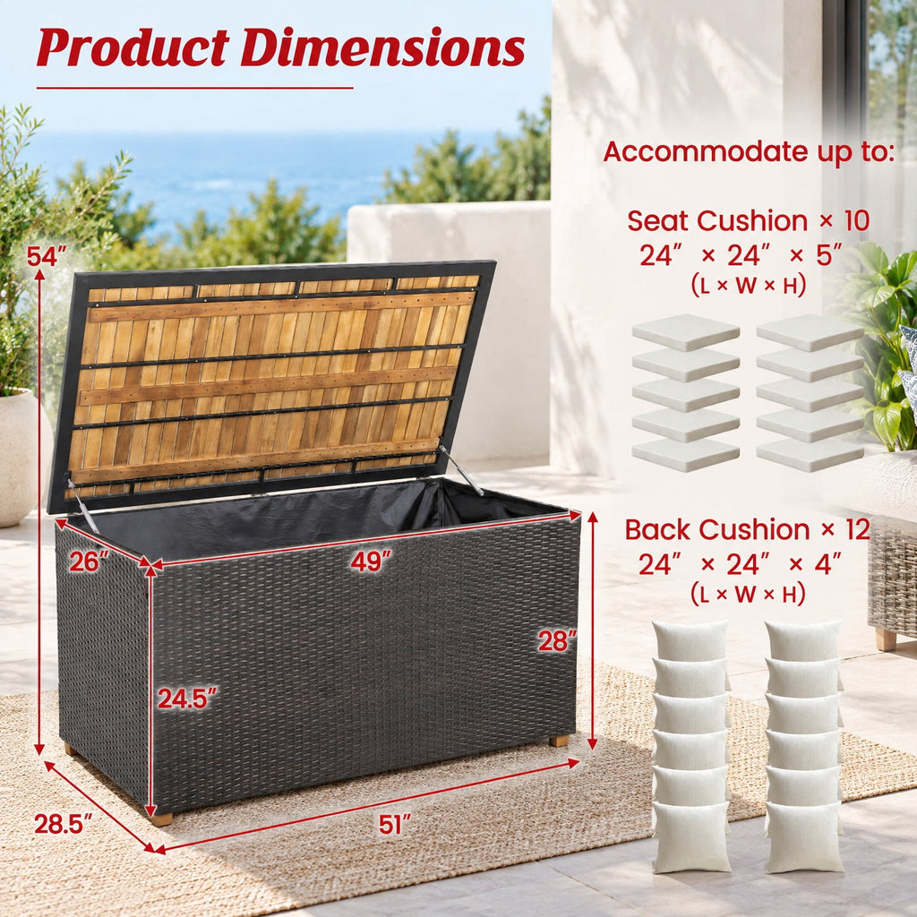Airfind 134 Gallon Rattan Storage Box with Zippered Liner and Solid Acacia Wood Top, wood board 165 lbs Capacity, 51in x 28.5in x 28in Footprint, Wood