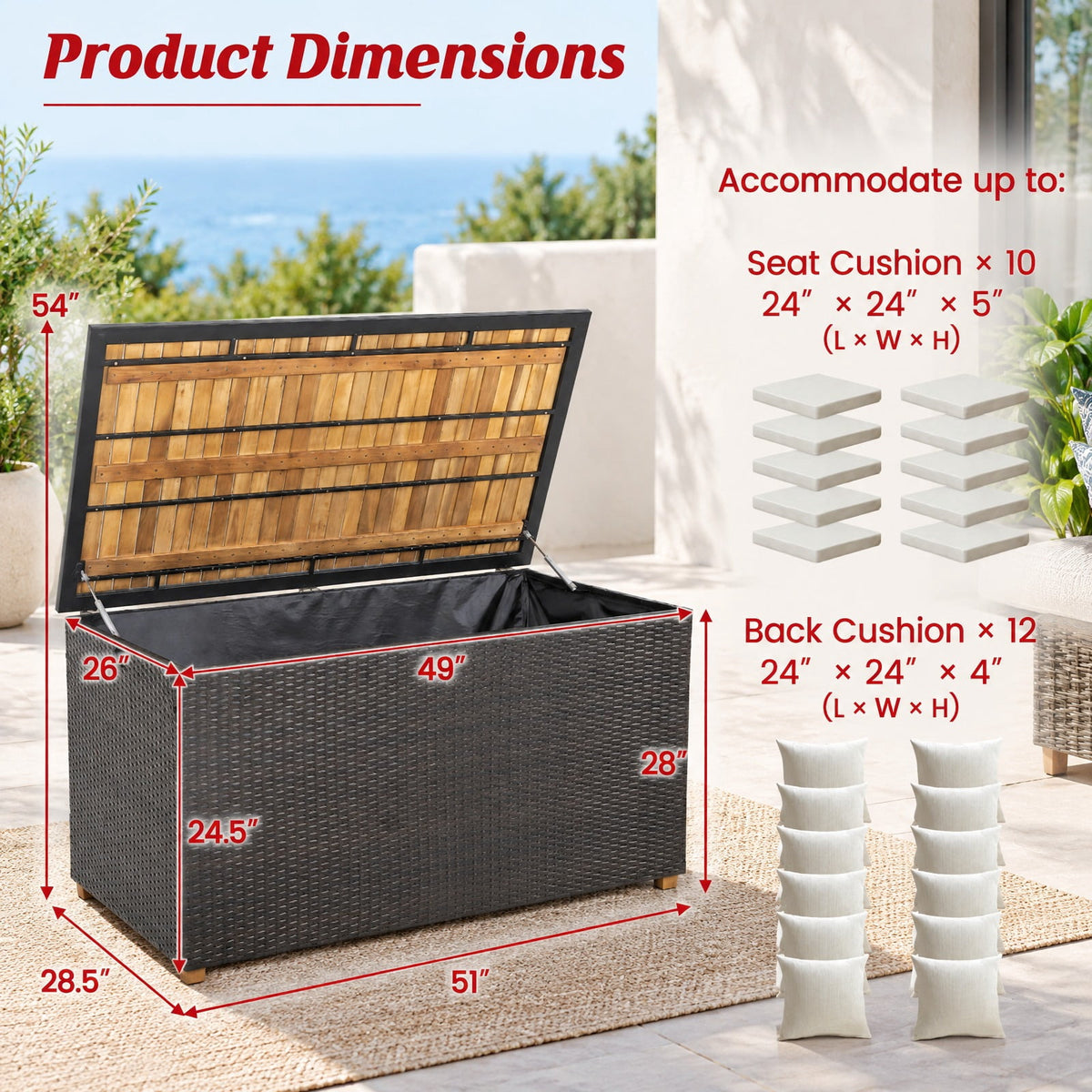 Airfind 134 Gallon Rattan Storage Box with Zippered Liner and Solid Acacia Wood Top, wood board 165 lbs Capacity, 51in x 28.5in x 28in Footprint, Wood