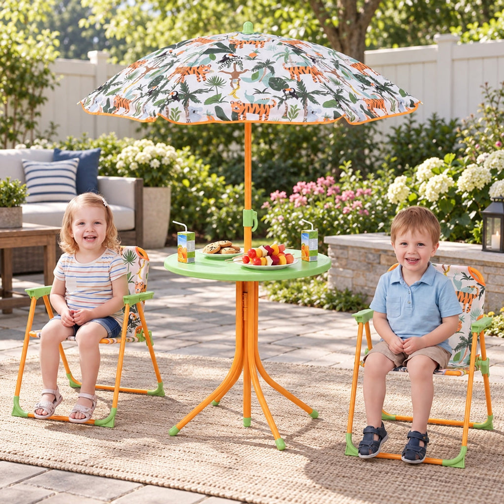Airfind Kids Outdoor Table and Chair Set with 2 Folding Chairs and Height Adjustable Umbrella, 165 lbs Capacity, for 3-6 Years Old, Yellow