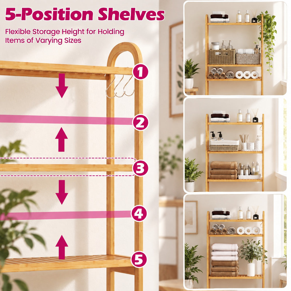 Airfind 3-Tier Bamboo Bathroom Floor Organizer with 5-Position Shelves and 3 Hooks, 132 lbs Capacity, Bamboo Frame, Natural