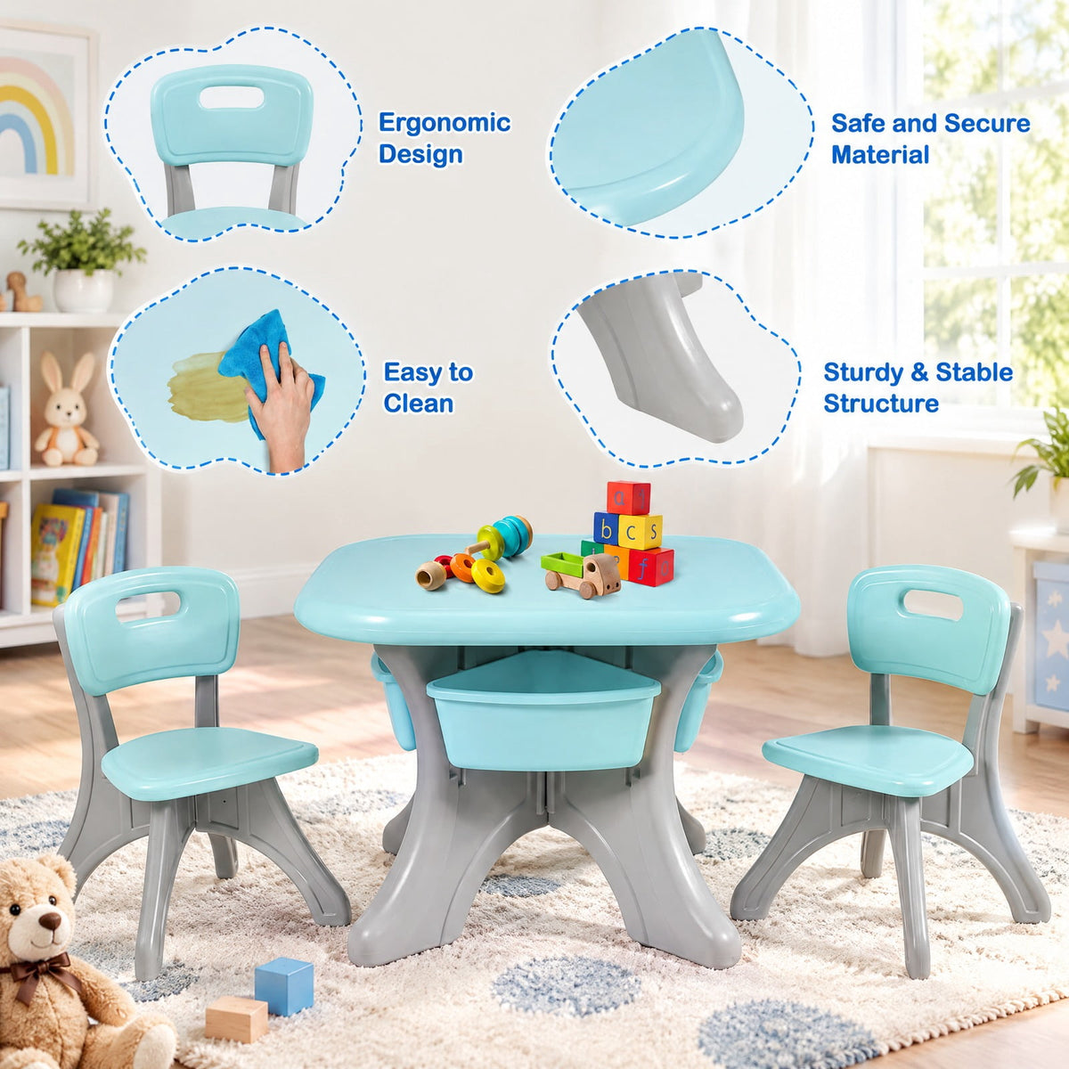 Airfind Youth Activity Table, Youth, and Chair Set Play Furniture W/Storage, 176 lbs Capacity, PP Frame, 27 Inch x 27 Inch x 20 Inch Footprint, Blue