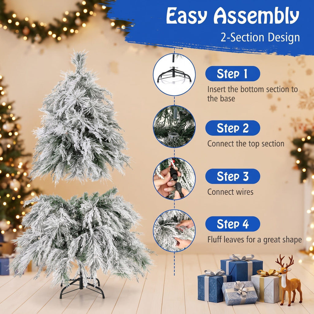 Airfind 4.5/6/7 Feet Pre-Lit Snow Flocked Christmas Tree with Warm White LED Lights-4.5 ft, White, Diameter of Stand 20/18/16 Inch