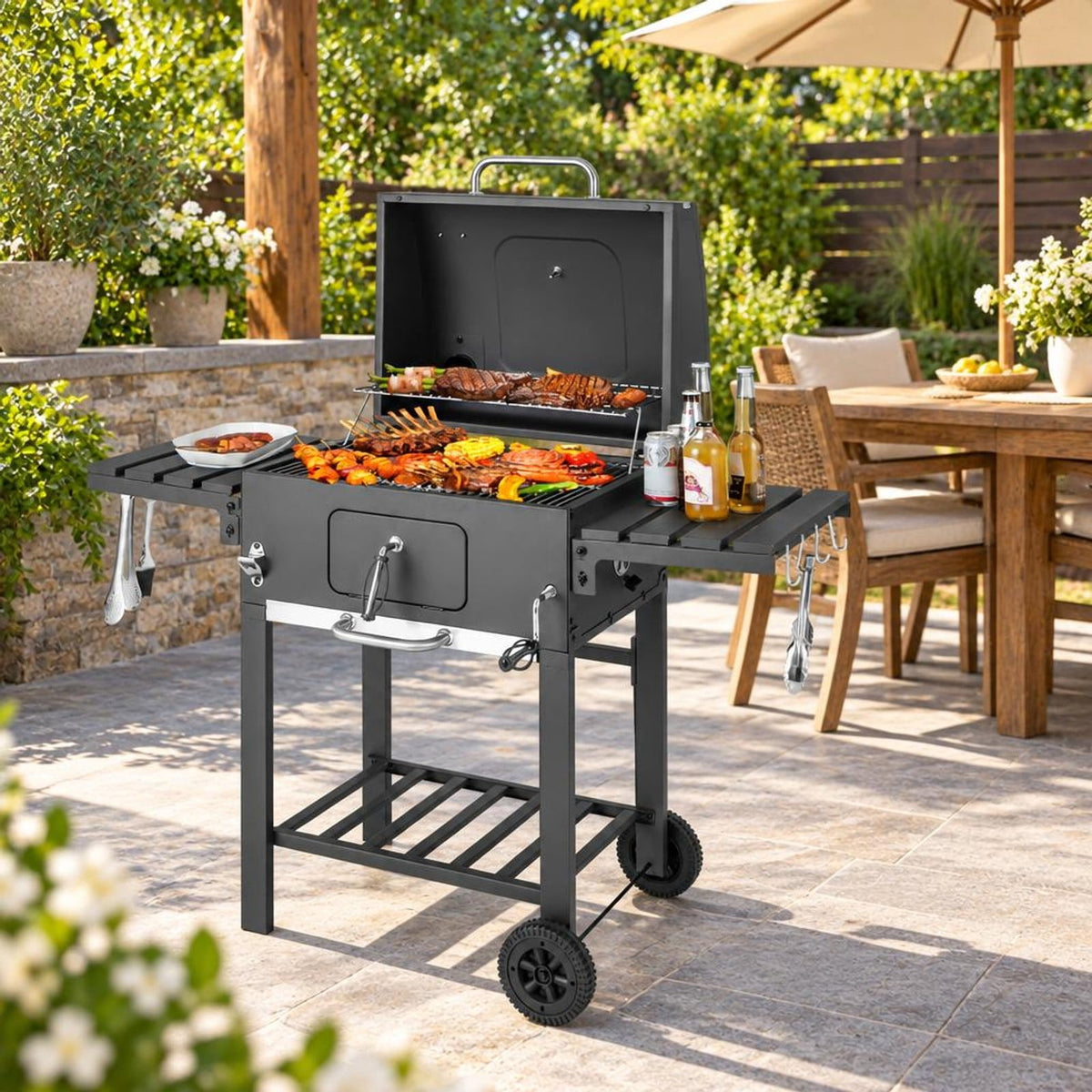 Airfind Outdoor BBQ Charcoal Grill with 2 Foldable Side Table and Wheels, Steel PP Frame, 50.5 Inch x 21 Inch x 46 Inch Footprint, Black