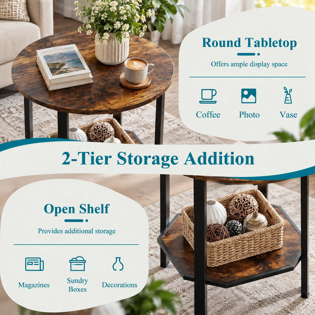 Airfind Round Side Table Small End Table with Storage Shelf 2-Tier Nightstand for Small Space, 90 lbs Capacity, Engineered Wood Carbon Steel Frame