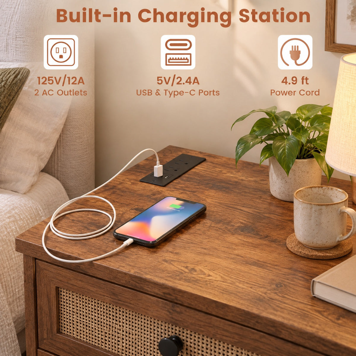 Airfind Side Table with Charging Station Industrial Nightstand with Open Shelves, 18 x 16 x 25Inner Footprint, Brown