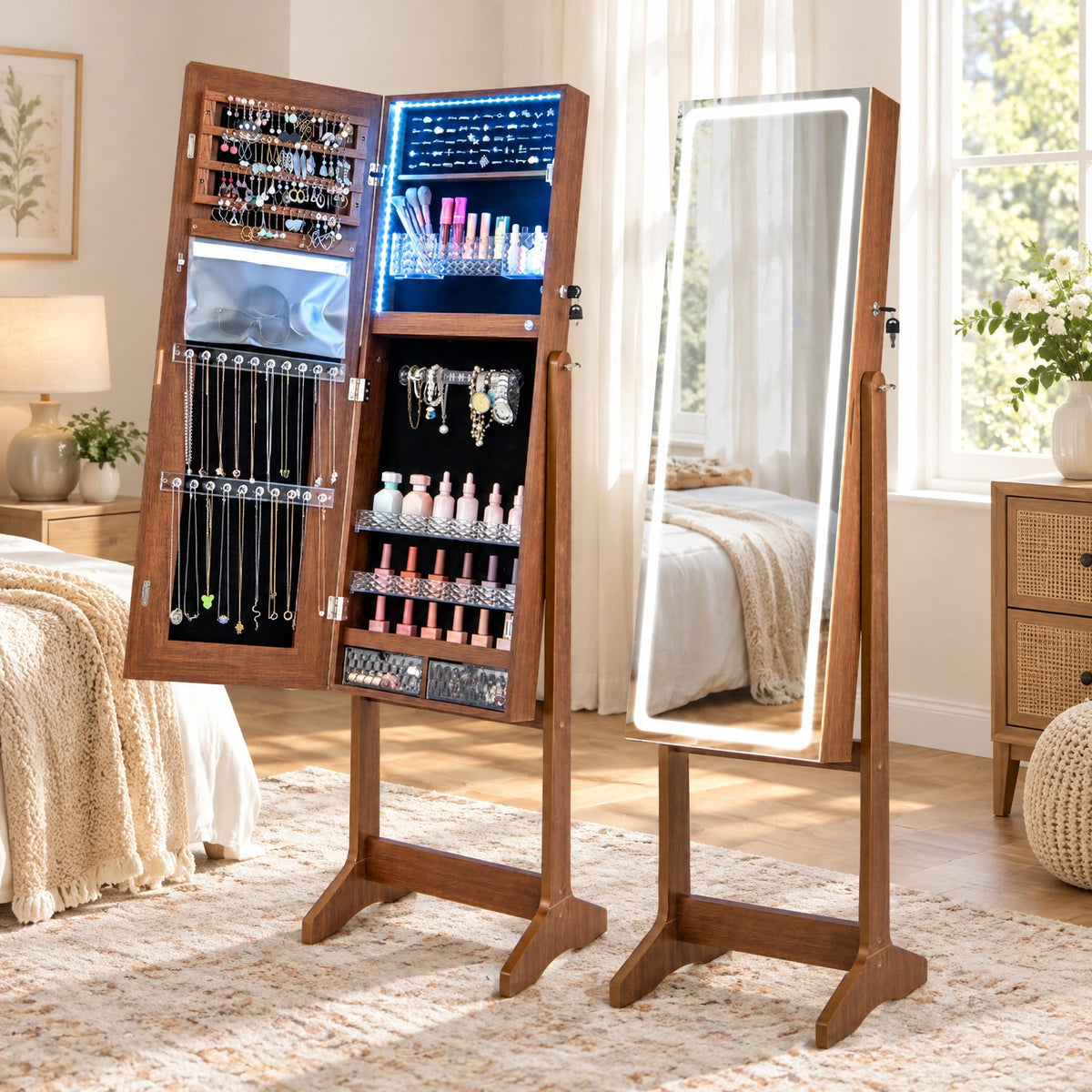Airfind Lockable Jewelry Armoire Standing Cabinet with Lighted Full-Length Mirror, MDF Glass Acrylic Frame, 16 x 15 x 59.5 External Footprint