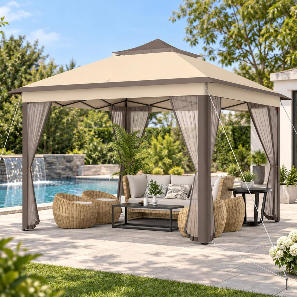 Airfind 2-Tier Pop-Up Gazebo Tent Portable Canopy Shelter Carry Bag Mesh, Polyester fabric steel pipe Frame, Brown