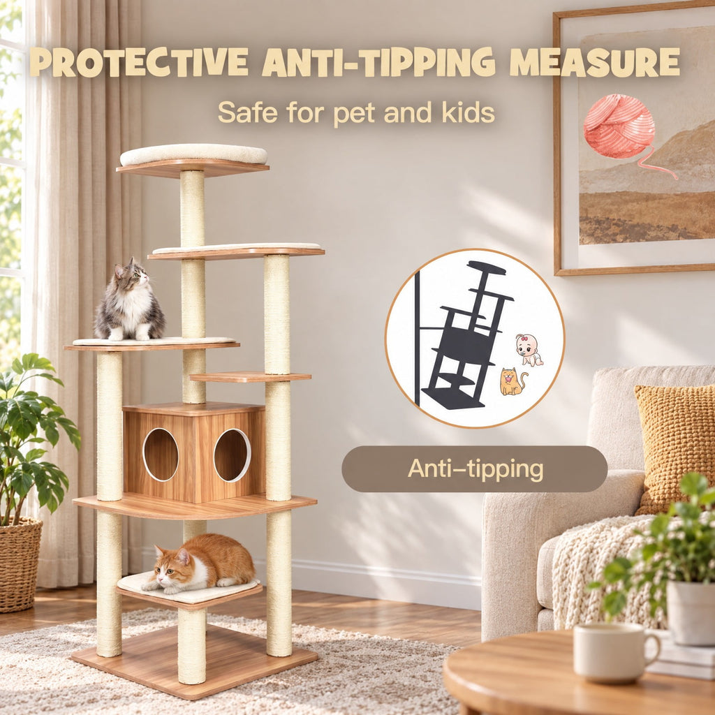 Airfind 7-Layer Wooden Cat Tree Tall Cat Tower with Sisal Posts and Condo, 33 lbs Capacity, Engineering Board Sisal Rope Plush Frame, Natural