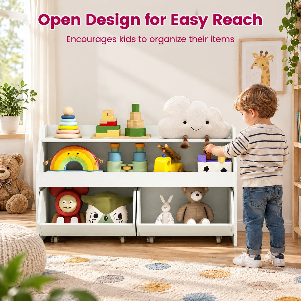 Airfind Kids Toy Storage Organizer Wooden Bookcase with 2 Movable Drawers, 176 lbs Capacity, Engineered Wood Frame, for 3+ Years Old Total, White
