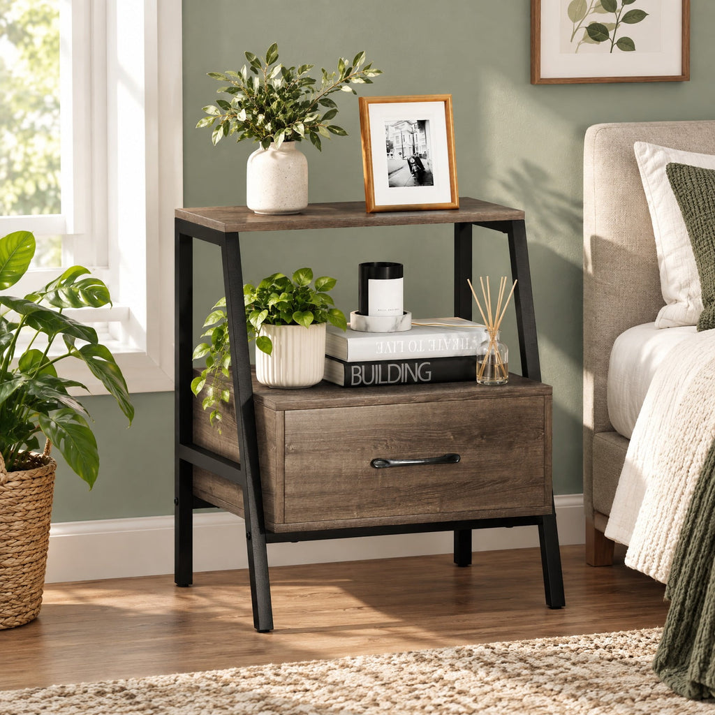 Airfind Farmhouse Nightstand with Drawer and Open Storage, Engineered Wood and Metal End Table for Bedroom and Living Room, Gray