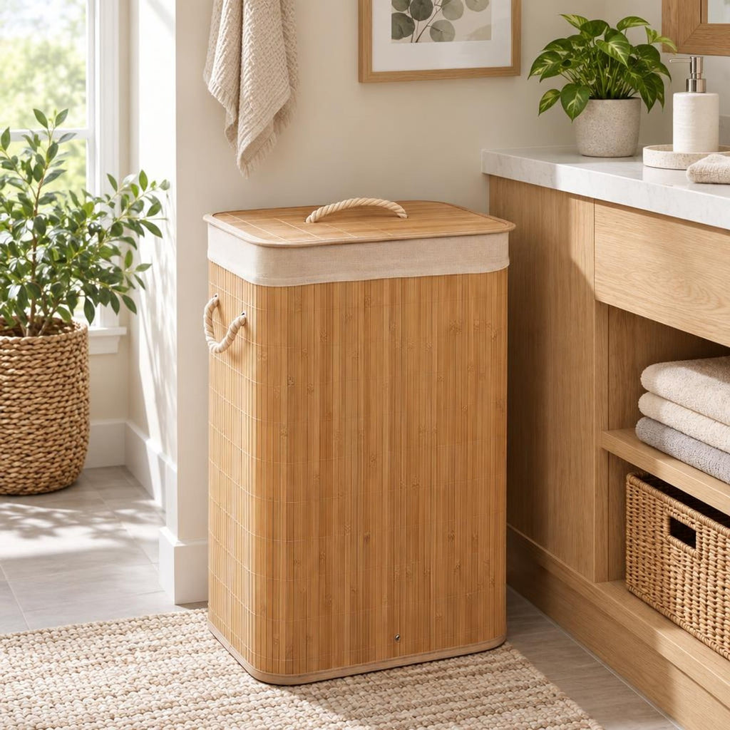 Airfind 19 Gal Bamboo Clothes Hamper with Removable Liner and Portable Handles, 33 lbs Capacity, Bamboo Polyester Cotton Metal Engineered Wood Frame