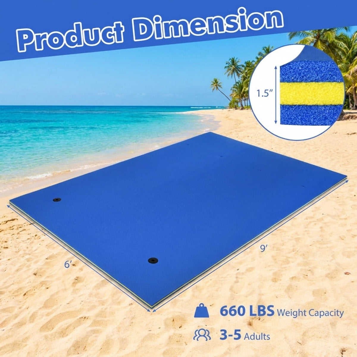 Airfind 9 x 6 Triple-Layer Lake Float Pad with Roll-Up Storage, Blue