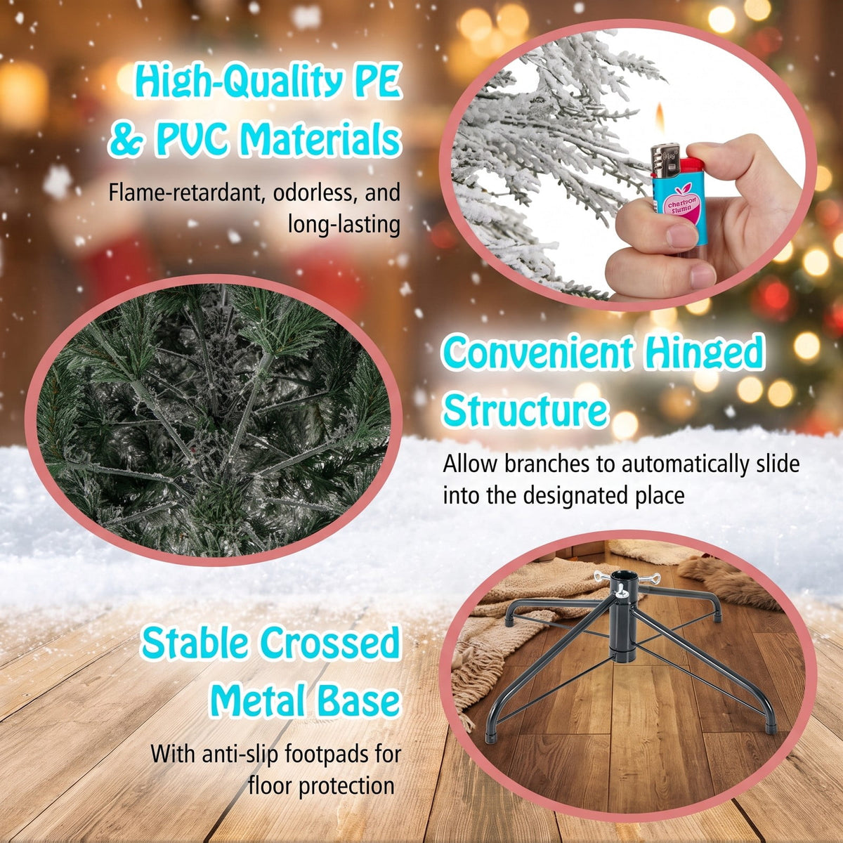Airfind 7 Feet Pre-Lit Snow Flocked Christmas Tree with Warm White LED Lights-7 ft, White, Diameter of Stand 20/18/16 Inch