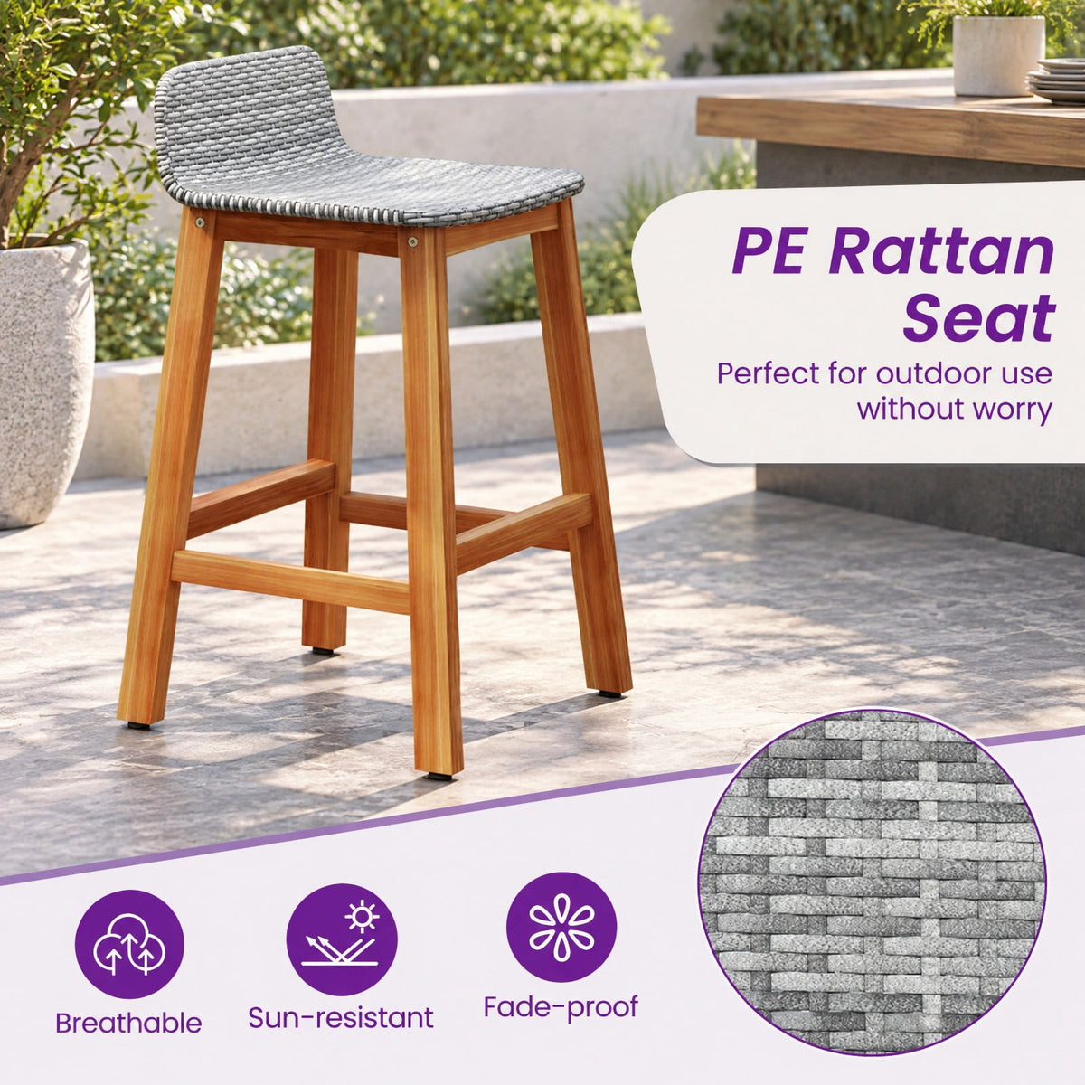 Airfind Solid Acacia Wood Bar Stools Set of 2 with Backrests and Footrests for Porch, Acacia Wood PE Rattan Frame, Gray