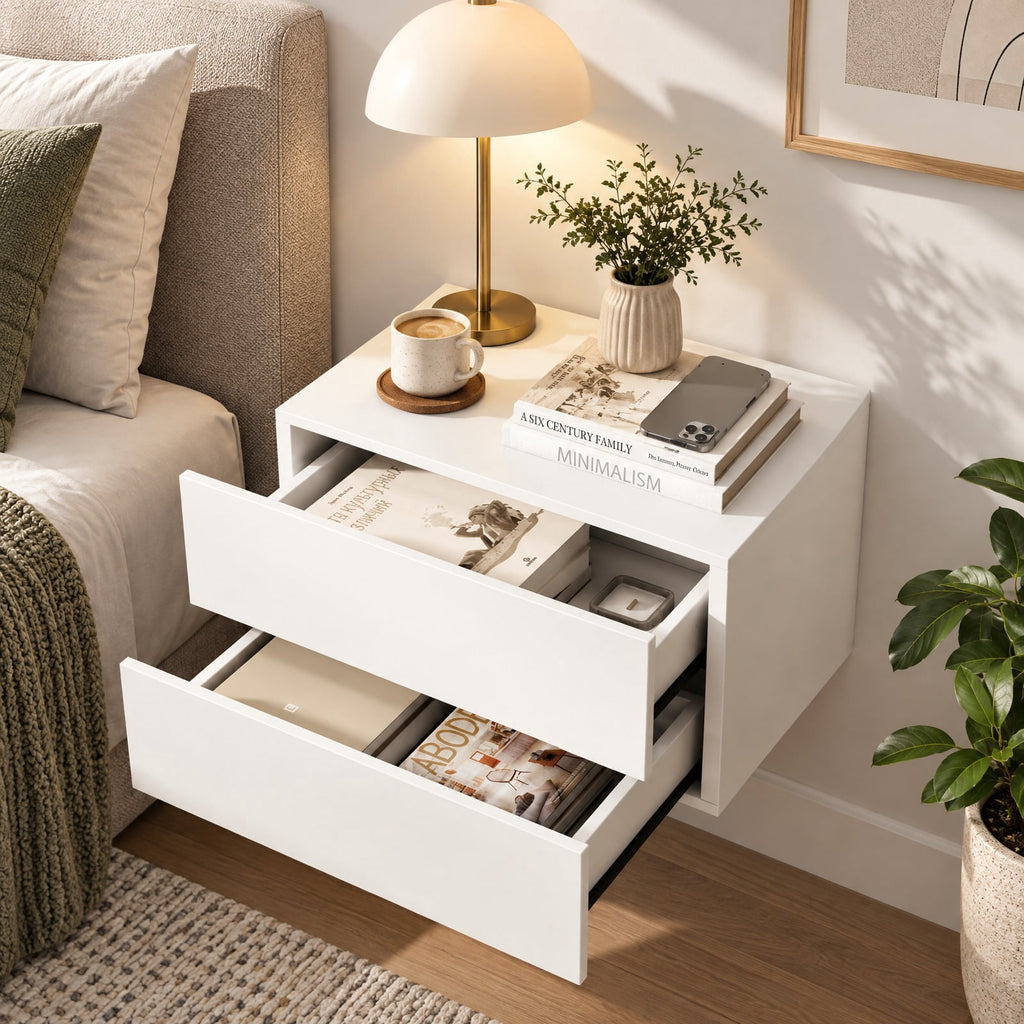 Airfind Floating Nightstand with 2 Storage Drawers Wall Mounted for Bedroom, White, Wide tabletop and 2 drawers keep bedtime essentials within reach