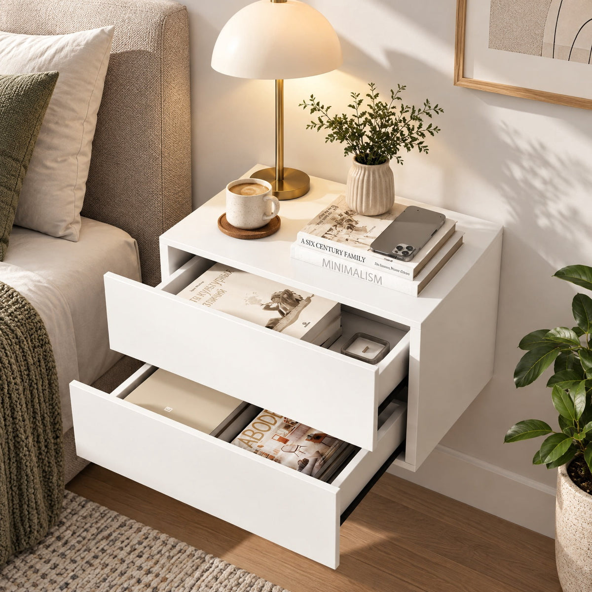 Airfind Floating Nightstand with 2 Storage Drawers Wall Mounted for Bedroom, White, Wide tabletop and 2 drawers keep bedtime essentials within reach