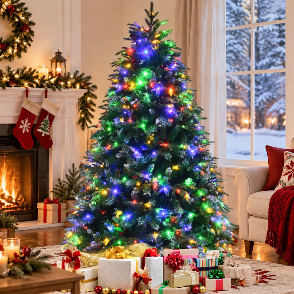 Airfind Pre-Lit Snowy Christmas Hinged Tree with Flash Modes and Multi-Color Lights-5 ft, PE PVC iron Height: 5 ft Base: 3.3 ft Frame, Green