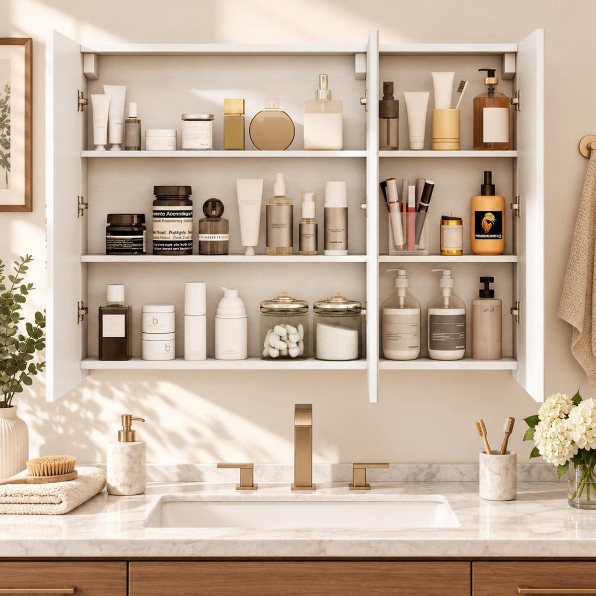 Airfind Frameless Bathroom Wall Mounted Mirror Cabinet with 3 Doors, Engineered Wood Glass Frame, 34.5 Inch x 5 Inch x 25.5 Inch (L x W x H). Footprint, White
